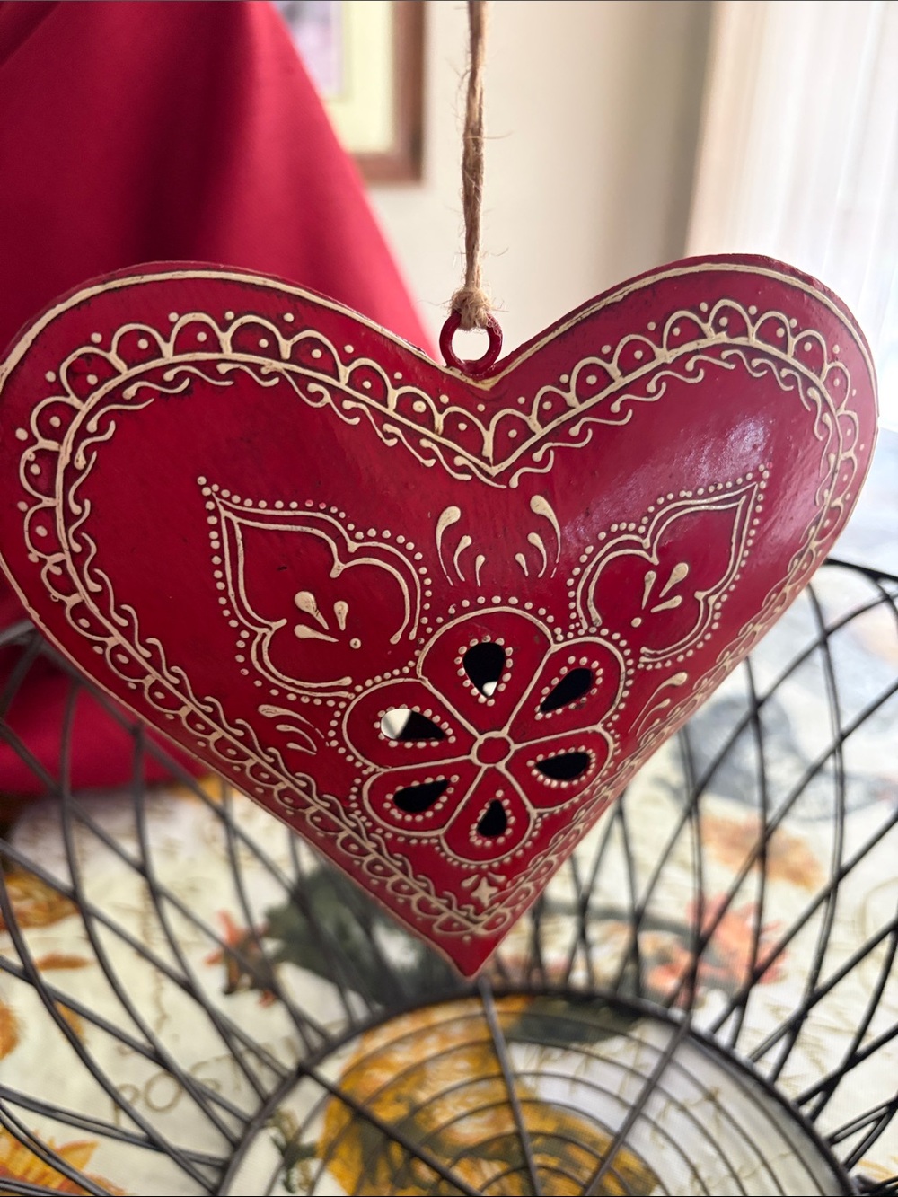Hand painted metal Red Heart Hanging Ornament with White Folk Art Detailing